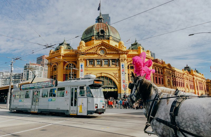 Flinders Street Station with a tram in Melbourne, Australia