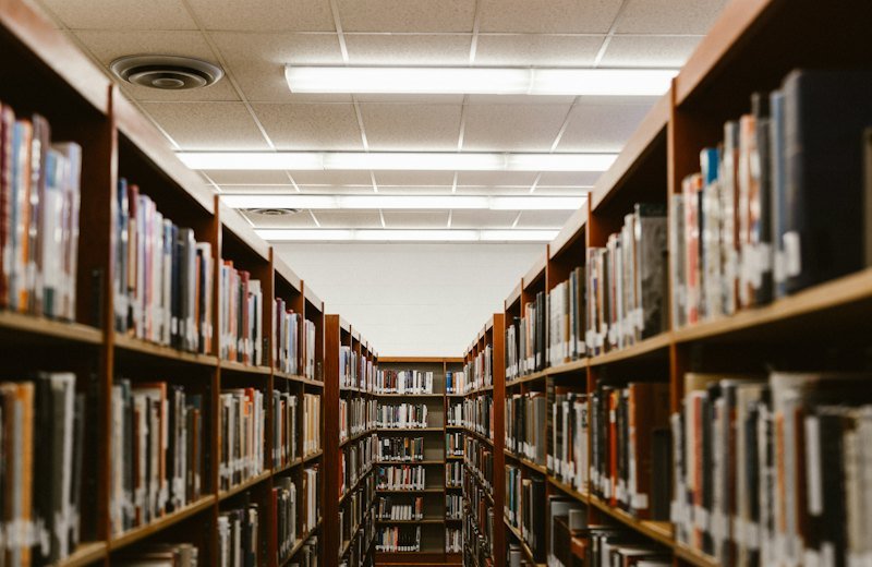 Rows of bookshelves in a university library