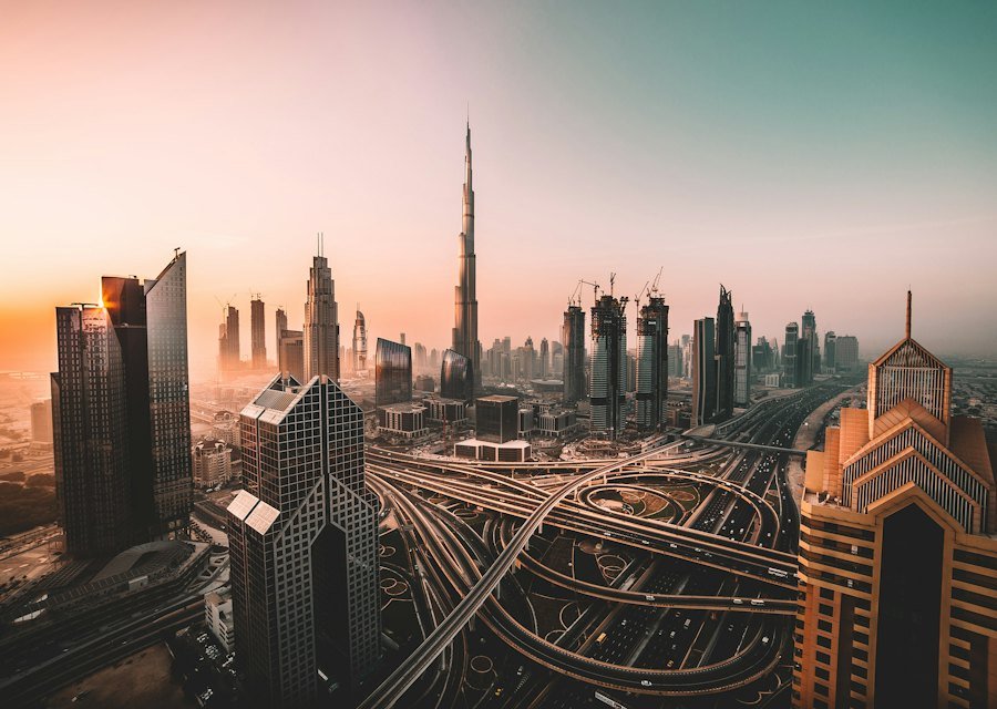 Dubai skyline at sunset in the UAE